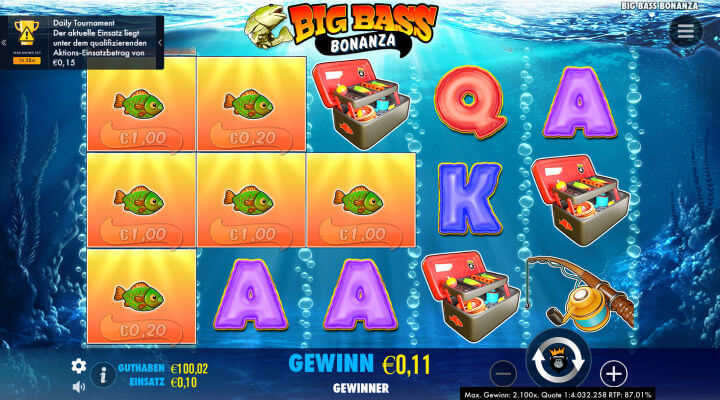 Walzen des Slots Big Bass Bonanza mit Symbolen